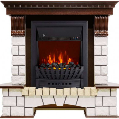 Электрокамин Pierre Luxe белый с очагом Aspen Black / Brass Темный дуб (RoyalFlame)