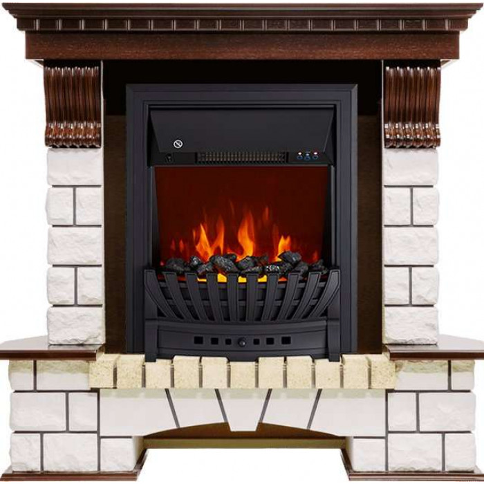 Электрокамин Pierre Luxe белый с очагом Aspen Black / Brass Темный дуб (RoyalFlame)