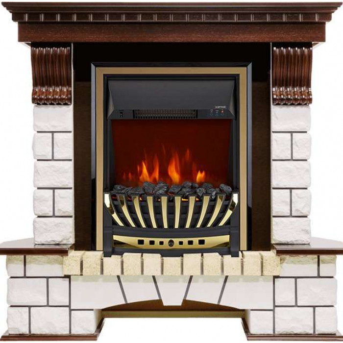 Aspen золото Электрокамин Pierre Luxe белый с очагом Aspen Black / Brass Темный дуб (RoyalFlame)