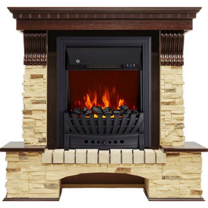 Электрокамин Pierre Luxe угловой сланец с очагом Aspen Black / Brass Темный дуб (RoyalFlame)